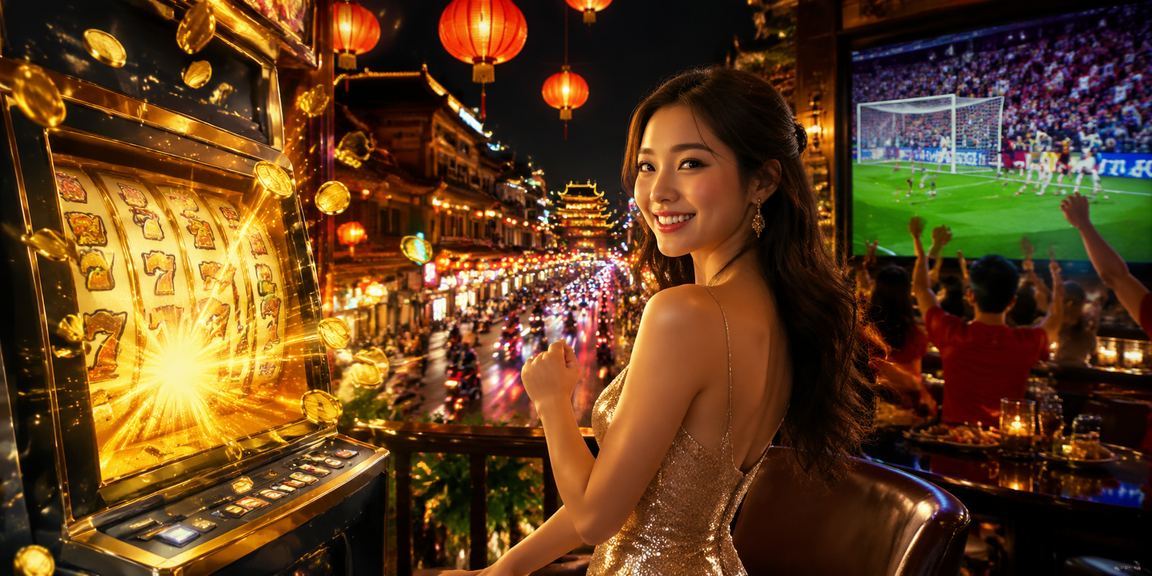 Màn hình trò chơi slots sáng rực tại khu chợ đêm Huế về ban đêm